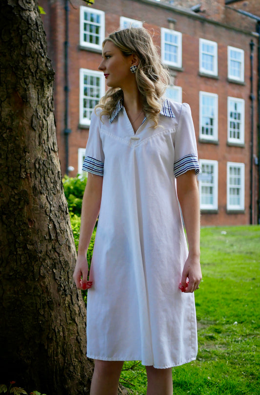 Vintage 1960s/70s Striped Blue Collared Long Dress with Shoulder Detailing Small