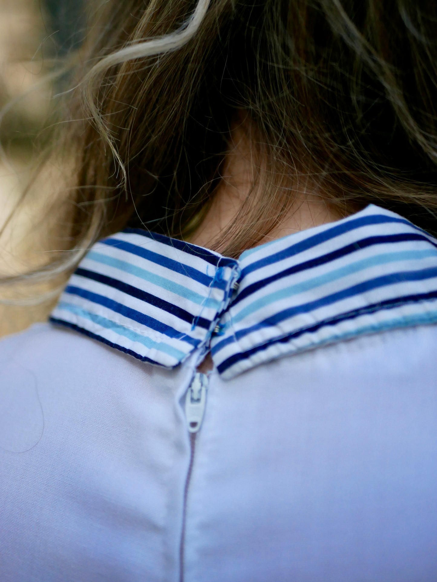 Vintage 1960s/70s Striped Blue Collared Long Dress with Shoulder Detailing Small