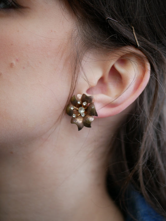 Vintage Brass Flower Clip On Earring