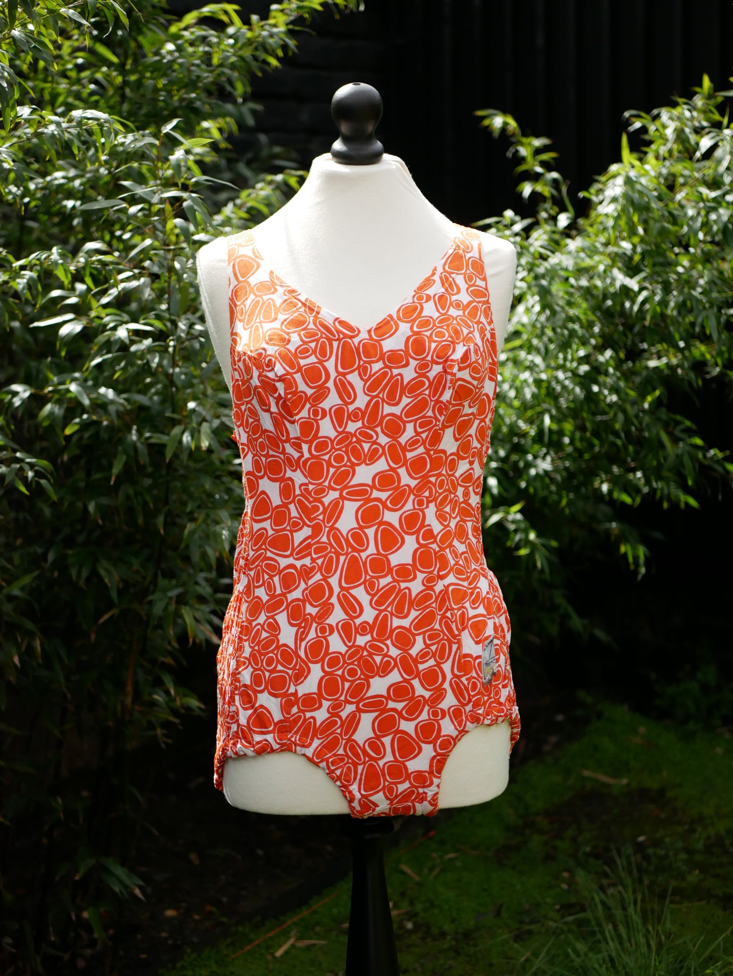 Vintage 1960s Unique Bright Orange Patterned Low Back V Neck Swimming Costume Medium