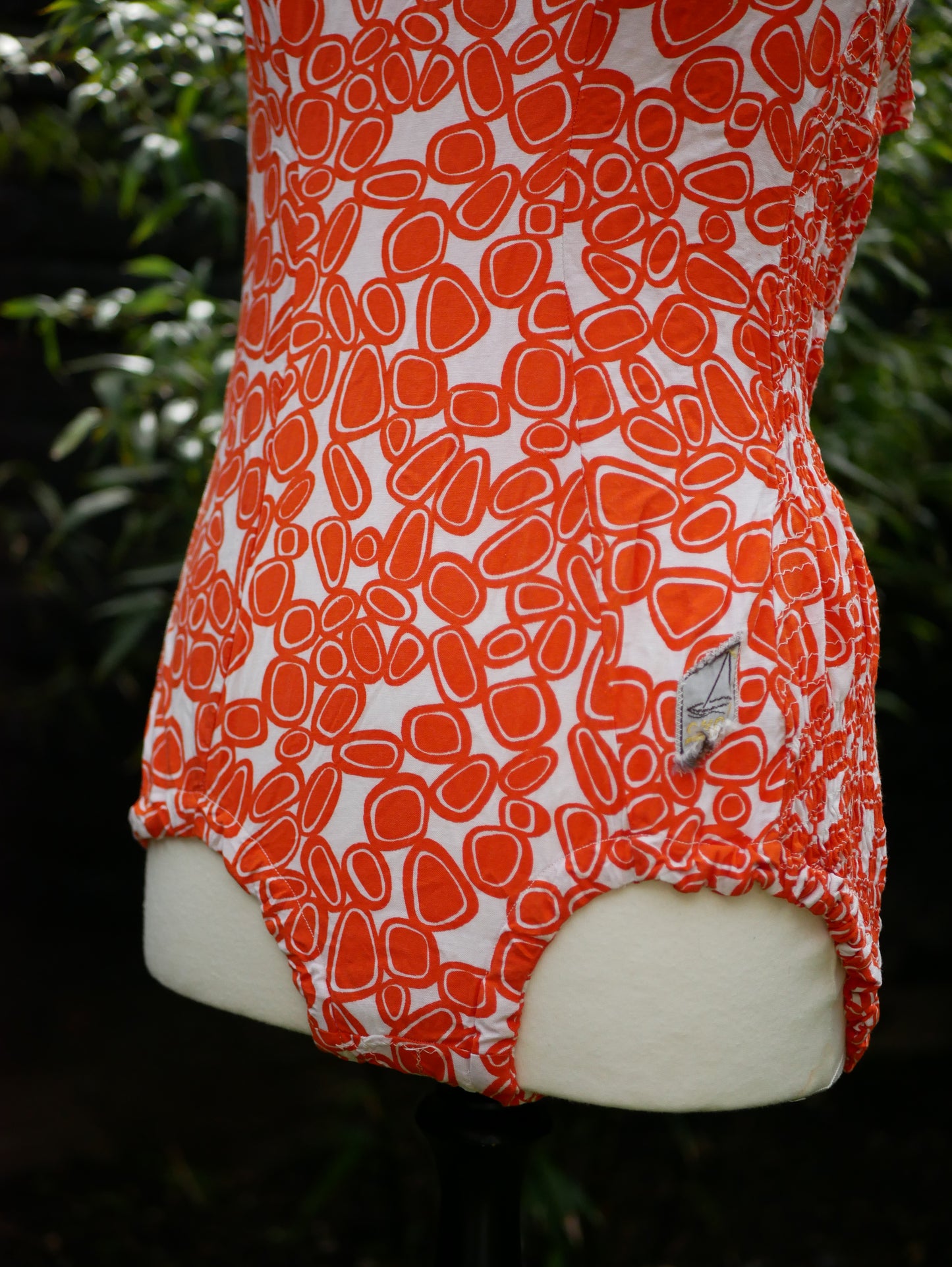 Vintage 1960s Unique Bright Orange Patterned Low Back V Neck Swimming Costume Medium