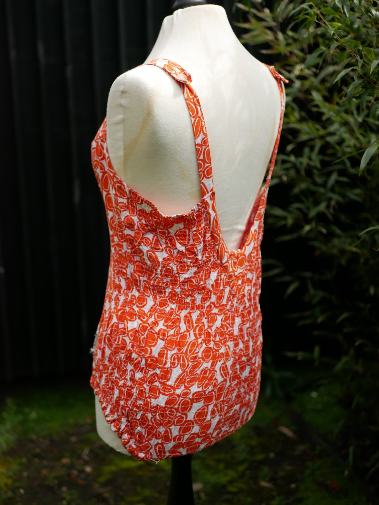 Vintage 1960s Unique Bright Orange Patterned Low Back V Neck Swimming Costume Medium