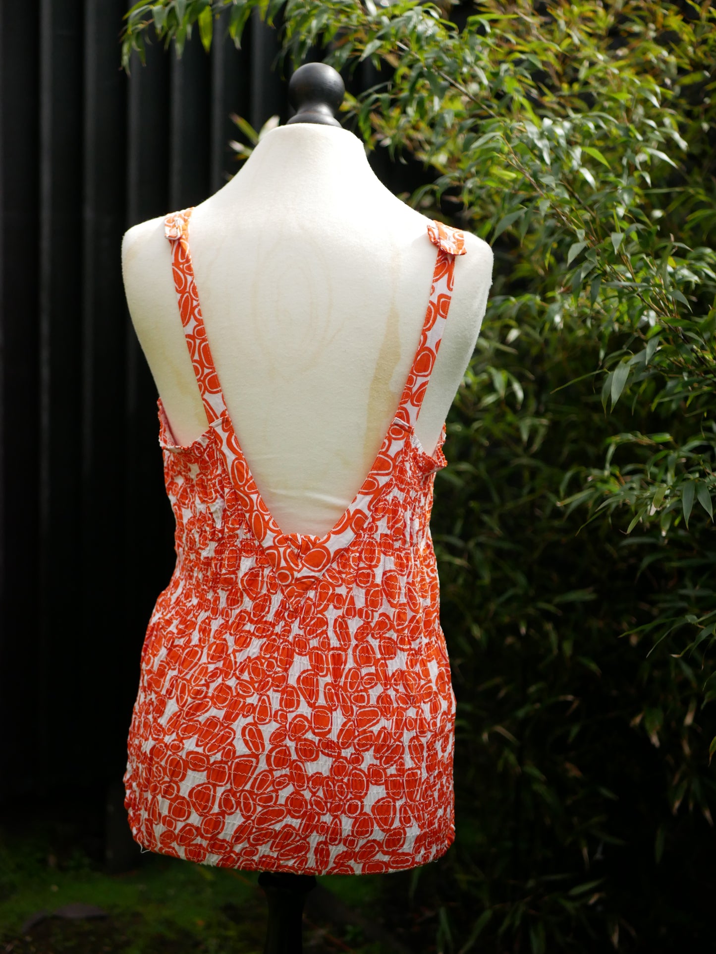 Vintage 1960s Unique Bright Orange Patterned Low Back V Neck Swimming Costume Medium