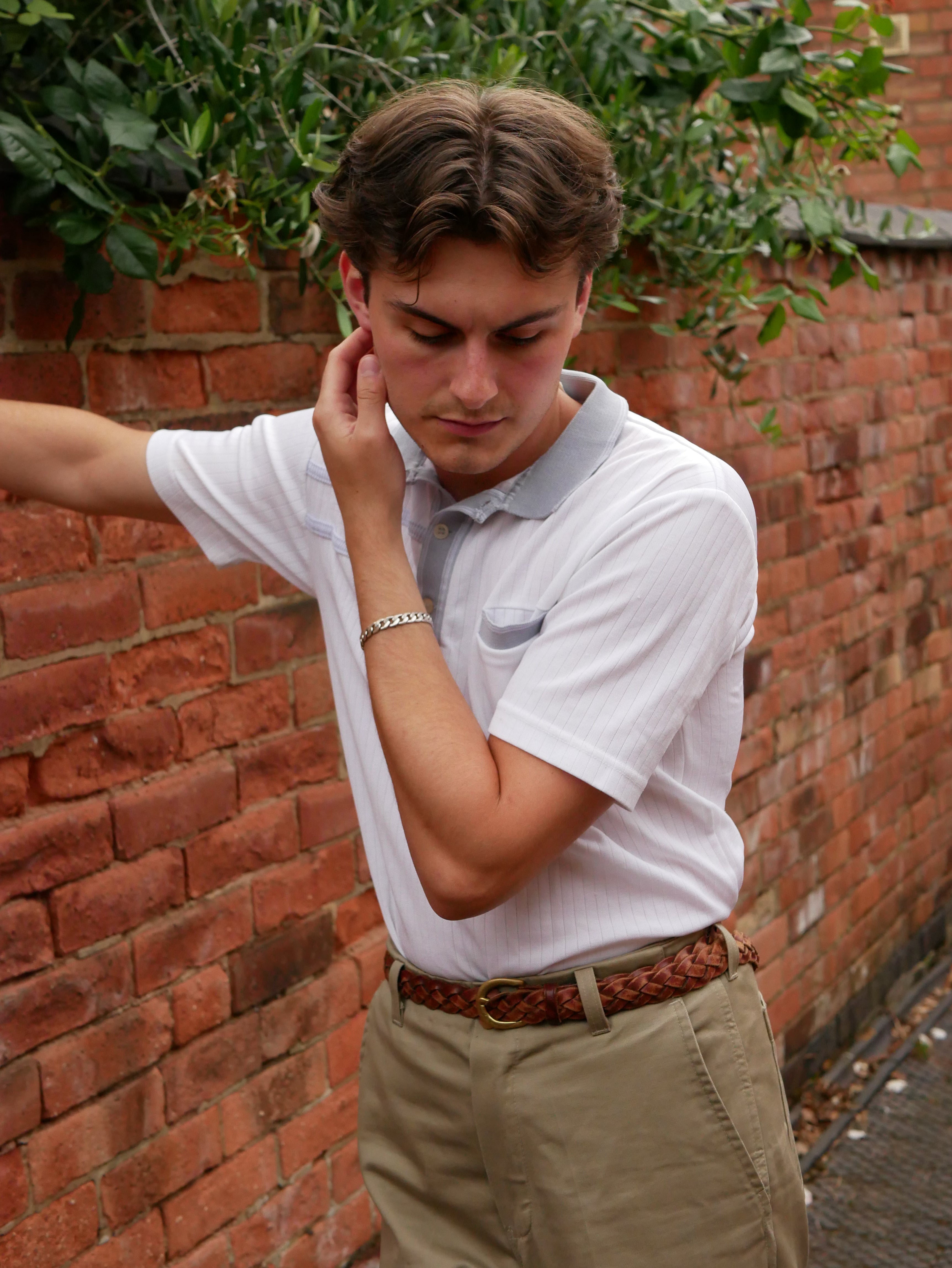 Vintage 1960s Style White Italian Knit Polo Shirt with Light Blue Deta Hud Vintage