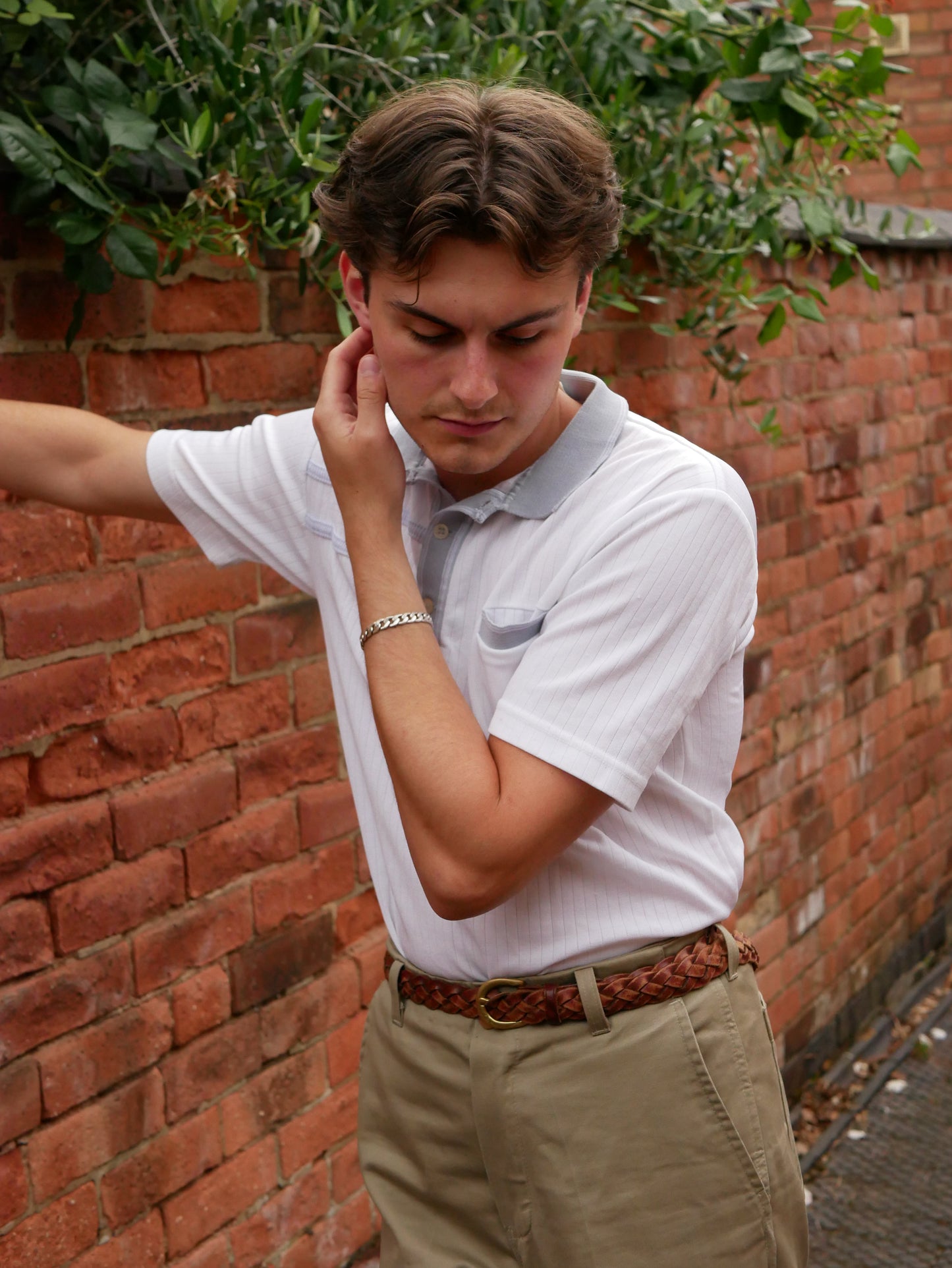 Vintage 1960s Style White Italian Knit Polo Shirt with Light Blue Detailing Medium