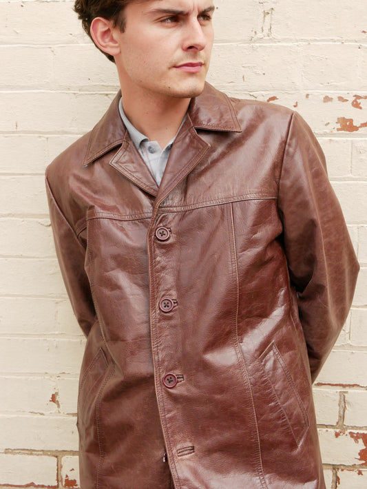 1970s Style Brown Straight Collared Leather Jacket Medium