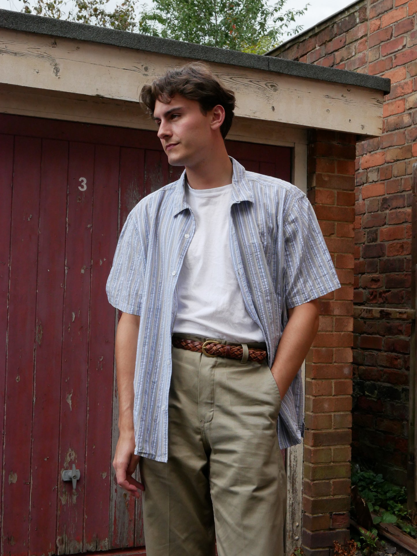 1950s Style Blue Striped Open Looped Collared Shirt Large