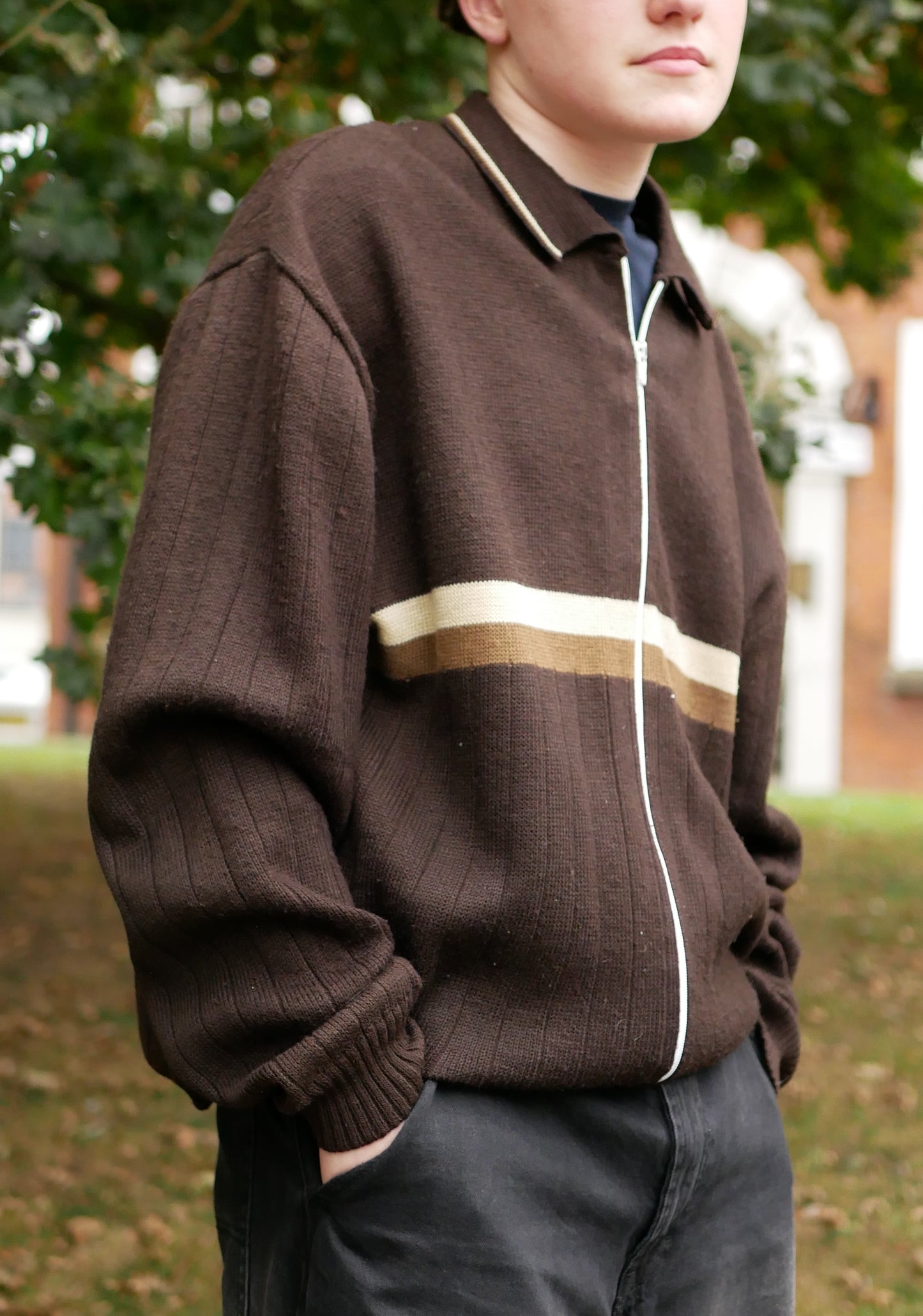 Vintage 1970s Brown Knitted Zip Up Jumper Brown Striped Detailing Large Oversized