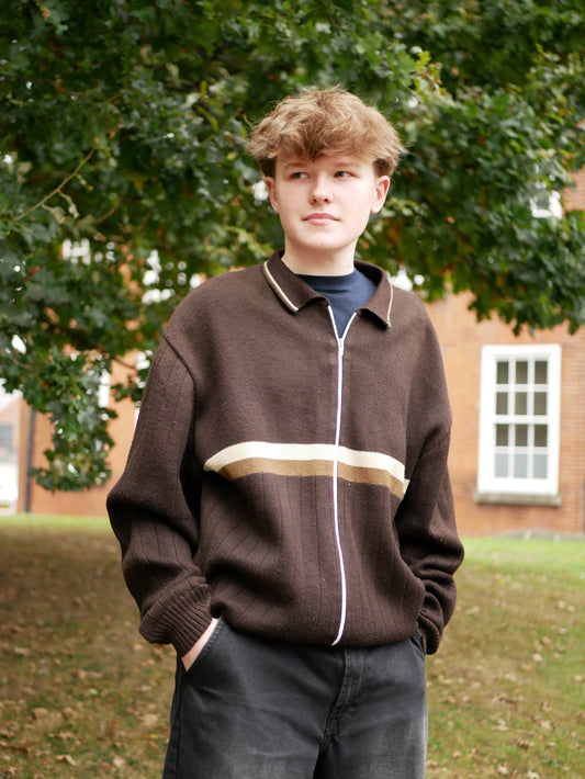 Vintage 1970s Brown Knitted Zip Up Jumper Brown Striped Detailing Large Oversized