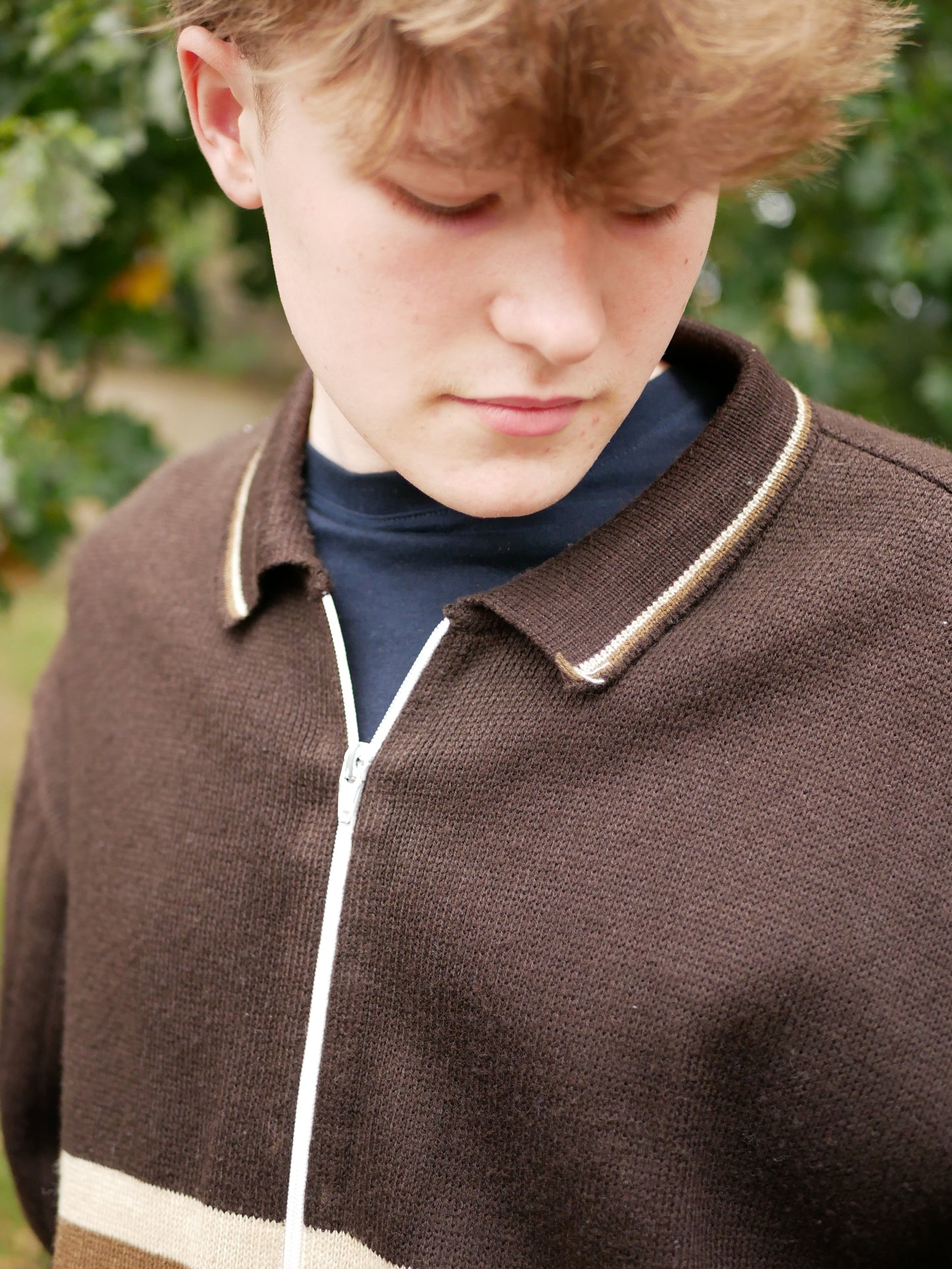 Vintage 1970s Brown Knitted Zip Up Jumper Brown Striped Detailing Large Oversized