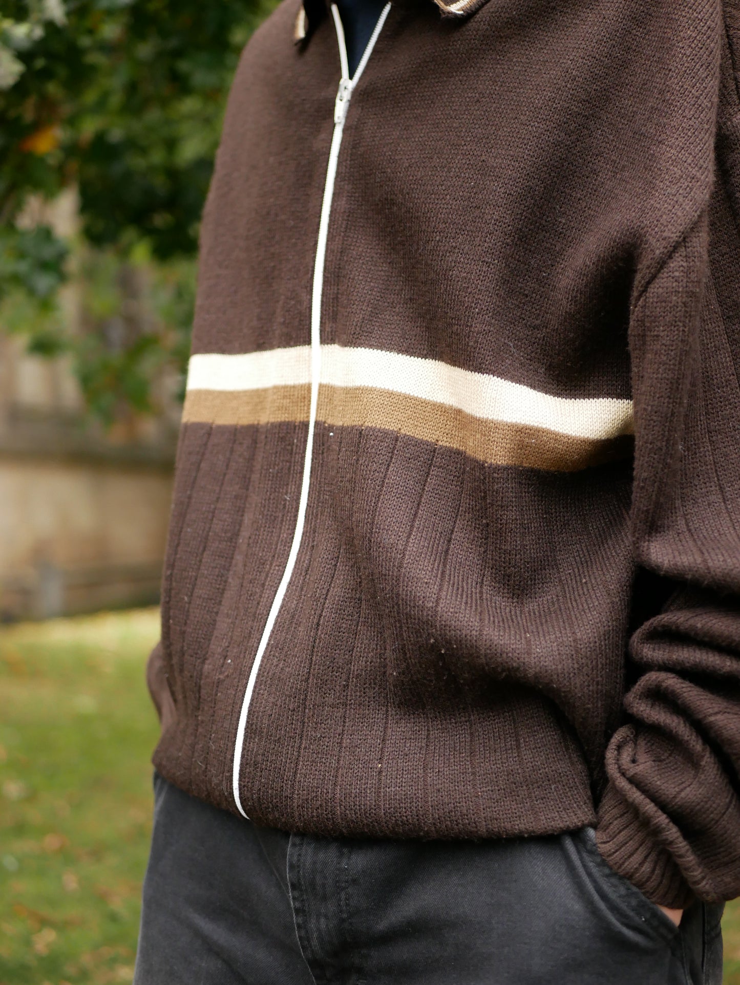 Vintage 1970s Brown Knitted Zip Up Jumper Brown Striped Detailing Large Oversized