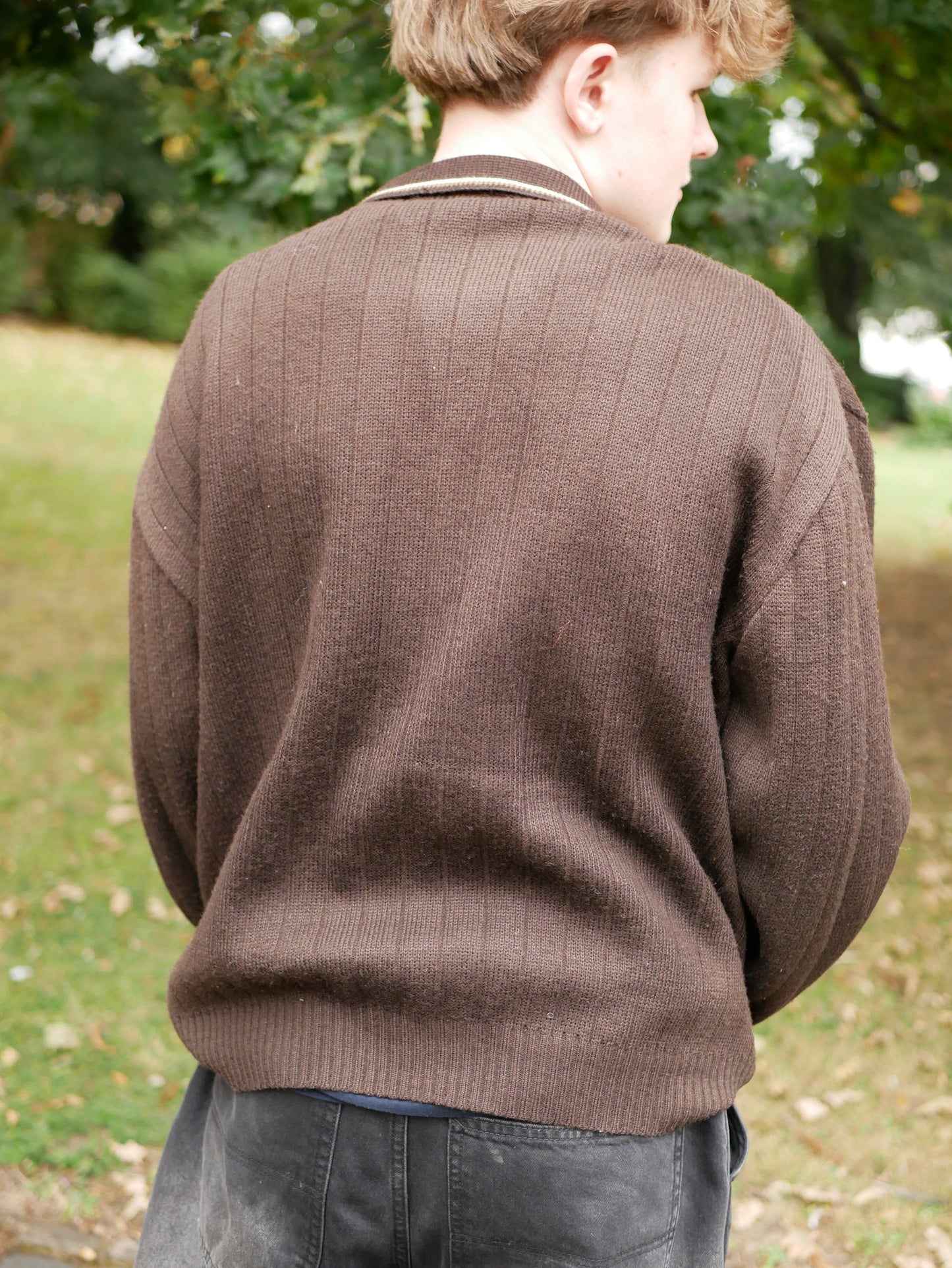 Vintage 1970s Brown Knitted Zip Up Jumper Brown Striped Detailing Large Oversized